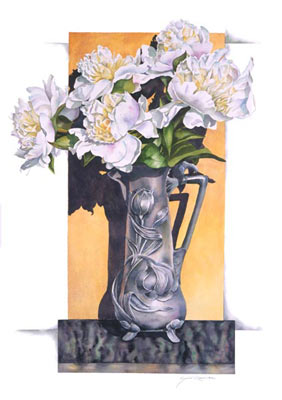White Peonies in Art Nouveau Vase