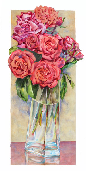 Sally Robertson watercolor of the rose Terracotta in glass vase