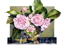 Sally Robertson botanical print of Pink Camelias in Cloisonne vase