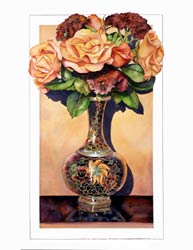Roses and Sedum in Cloisonne Vase