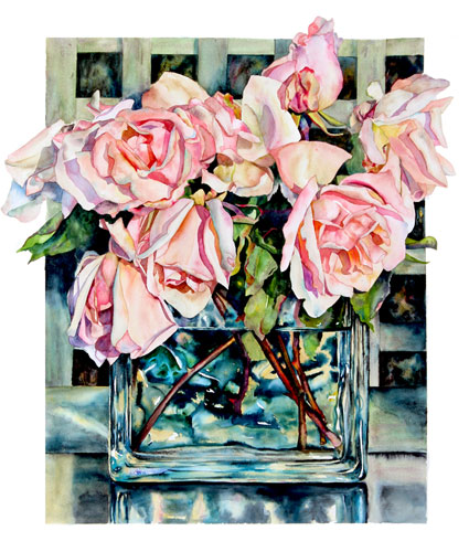 Sally Robertson watercolor still life of Belle of Portugal rose