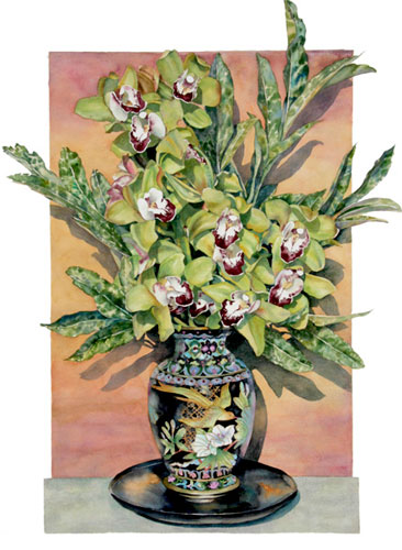 Sally Robertson watercolor of Cymbidium Orchids with Variegated Laurel