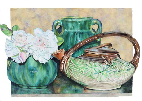 McCoy Teapot & Roses watercolor by Sally Robertson