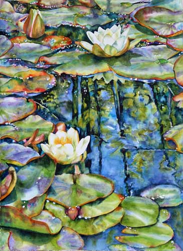 Watercolor water lilies and reflections