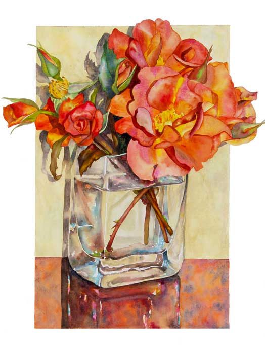 The Edwardian Lady rose in still life watercolor by Sallly robertson