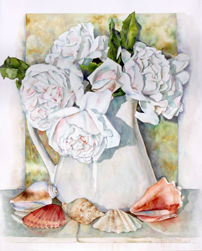Sally Robertson watercolor of White Roses & Sea Shells